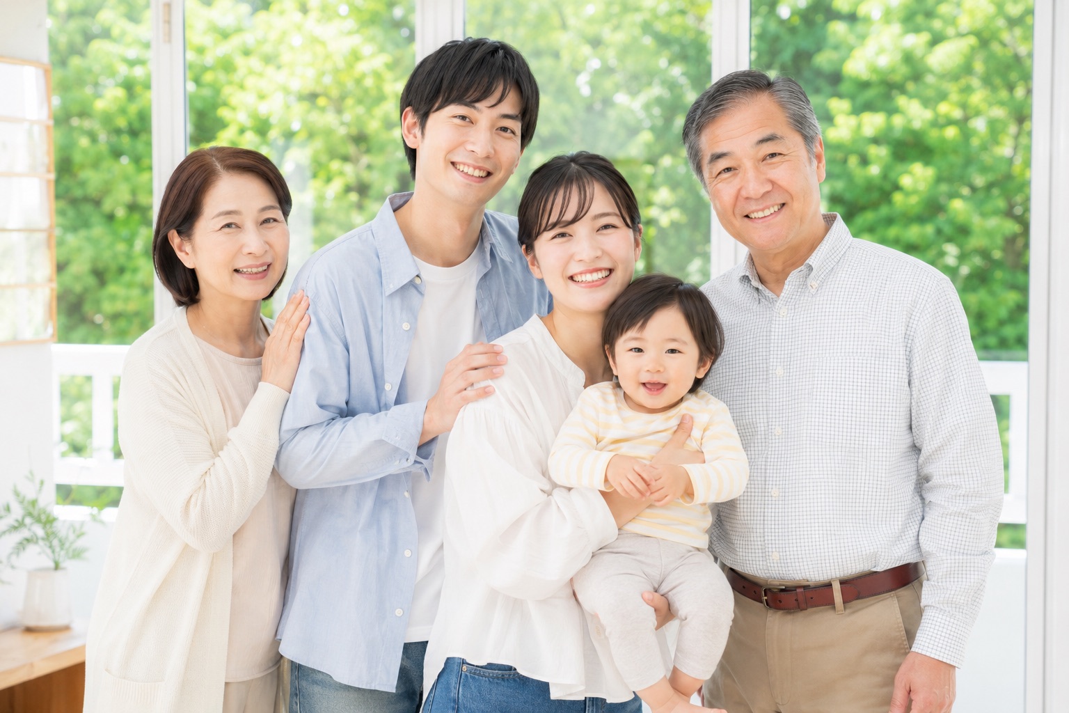 明るい窓辺で寄り添う三世代の家族